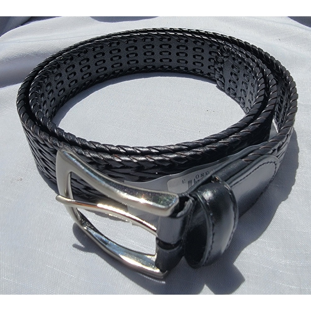 Genuine Leather Braided Belt 38" Black Woven Basketweave Silver Buckle  NWT
